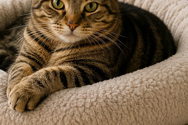 Cat lying in a round cozy bed