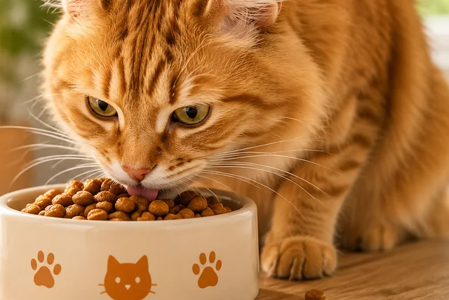 Cat eating from a food bowl