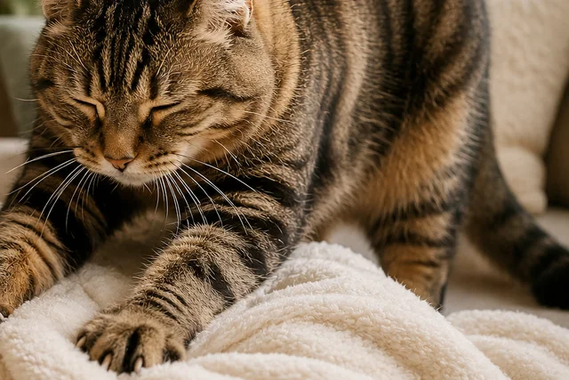 Cat kneading on a blanket
